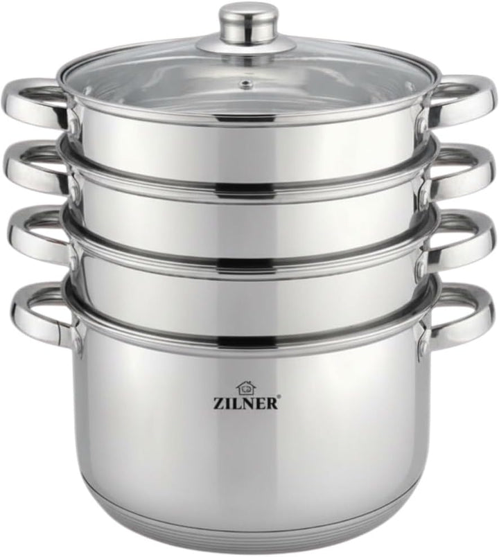 Zilner Dampfgarer Set - Topf Set 5-teilig - 24 cm - 3x Dämpfeinsatz und Glasdeckel - für alle Herdar