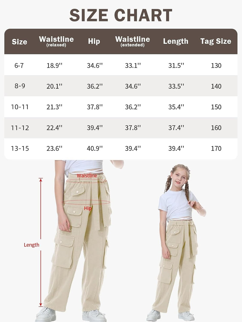 Rolanko Mädchen Baggy Cargo Hose, Elastisch Hohe Taille Gerade Weites Bein Streetwear Hose mit Mehre