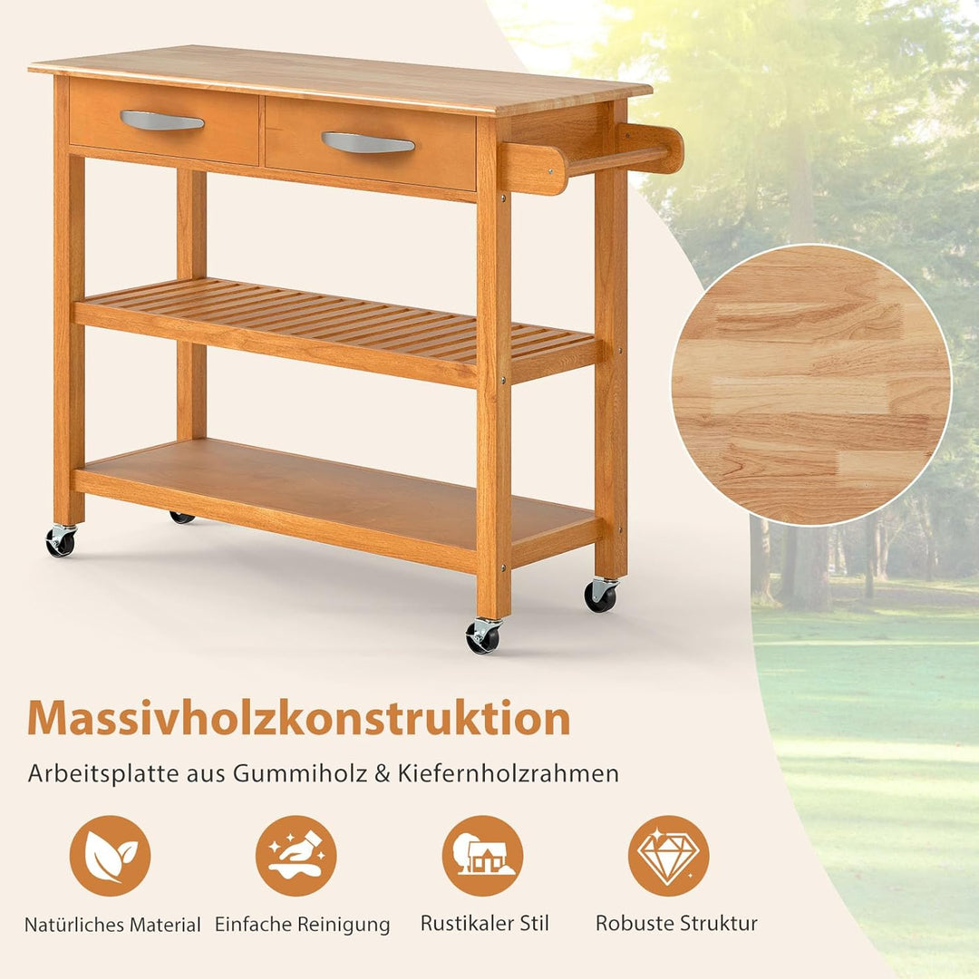GOPLUS Küchenwagen Holz, mobiles Küchenregal mit Rädern, 2 Schubladen, 2 offenen Ablagen &amp; seitliche