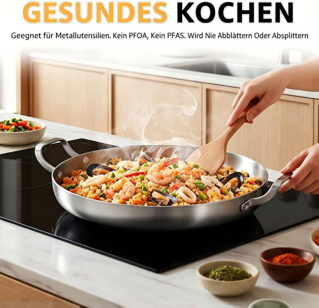 Inqibee Paella Pfanne 30 cm mit Deckel, Edelstahl Paellapfannen, Edelstahlpfanne Unbeschichtet, Stai