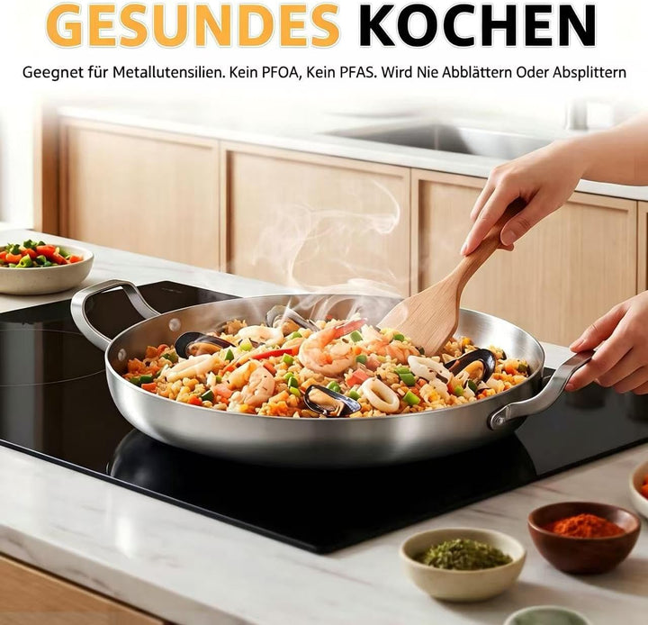 Inqibee Paella Pfanne 30 cm mit Deckel, Edelstahl Paellapfannen, Edelstahlpfanne Unbeschichtet, Stai