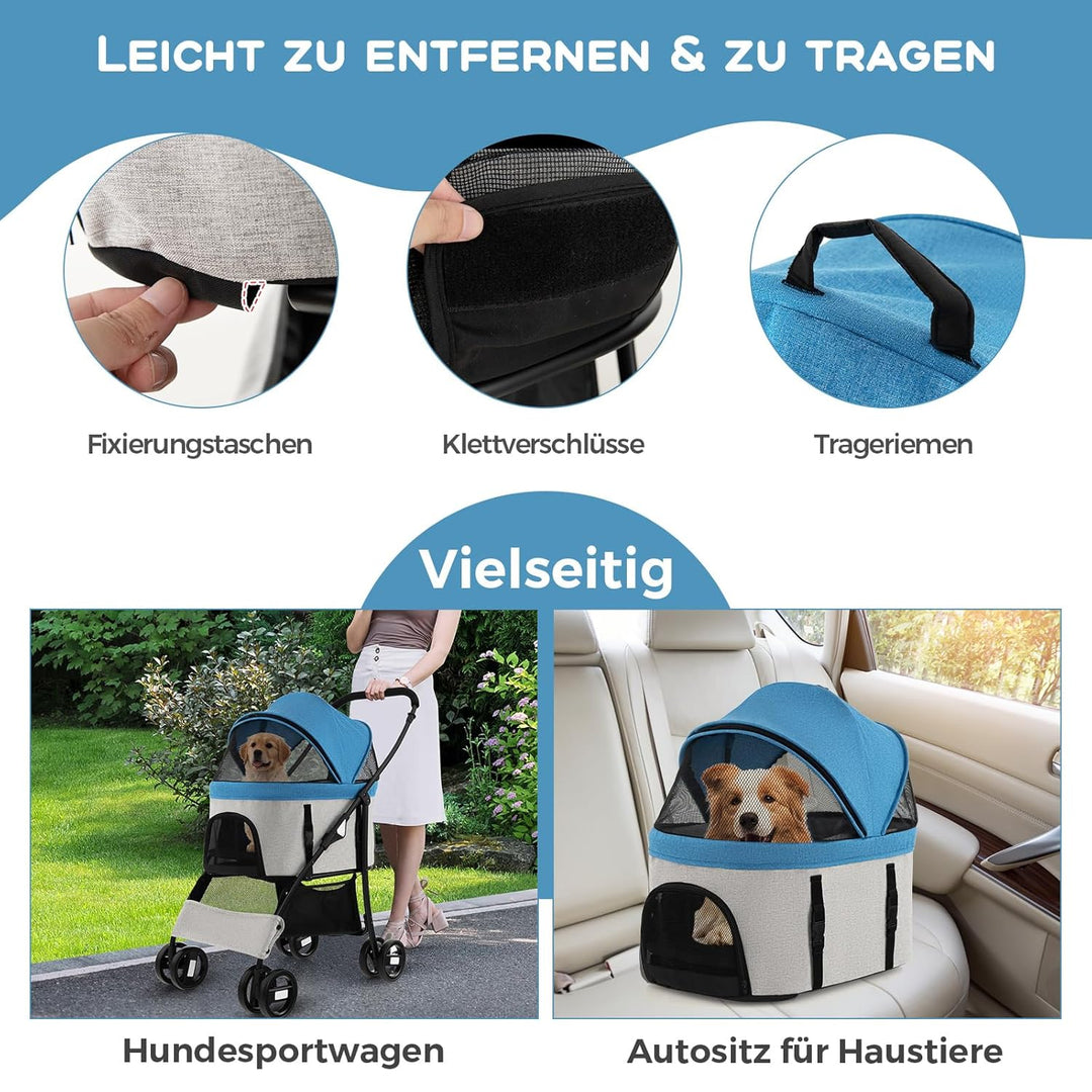 COSTWAY 3 in 1 Hundewagen, Hundebuggy klappbar, bis 15 kg, Haustierwagen mit Netzfenstern | verstell