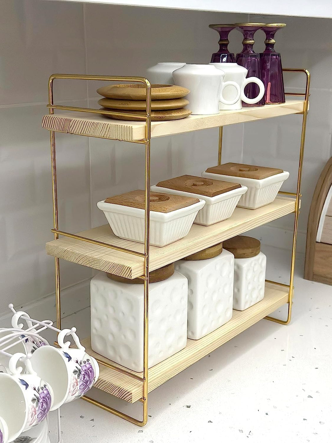 Ndeko Arbeitsplatte Regal aus Holz und Metall Gold mit 3 Ablagen, Badregal, Holzregal, Regalbrett Or