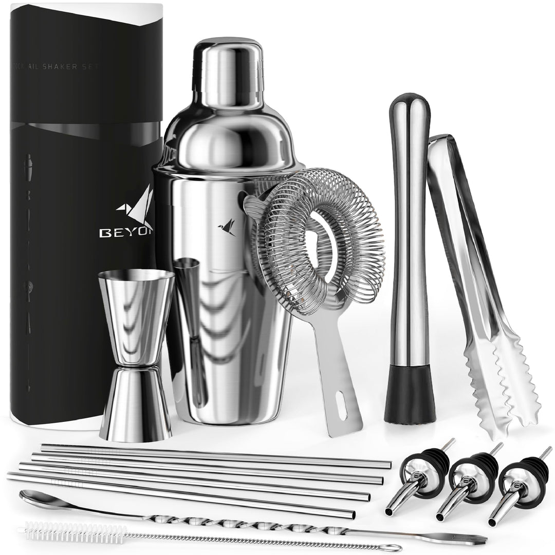 beyond Cocktail Shaker Set - Edelstahl Cocktail Set mit Bar Zubehör in Geschenkbox - Mixer mit Sieb,
