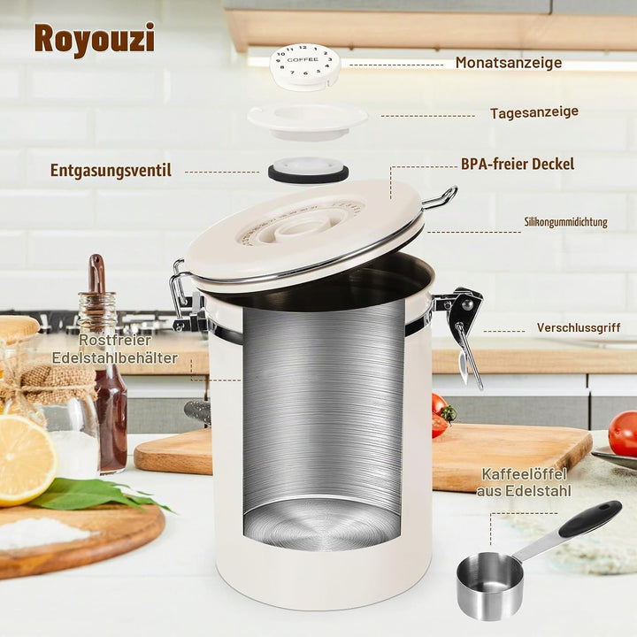 Royouzi Luftdichte Edelstahl Kaffeedose, Vakuum Kaffeedose, 1,8 L KaffeebohnenbehäLter Mit Edelstahl