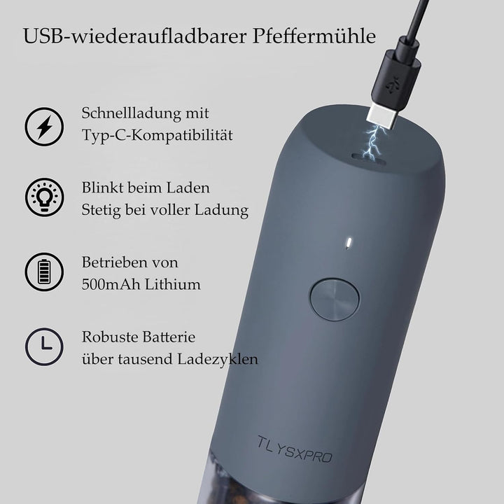 Salz und Pfeffermühle Elektrisch 2er Set, USB Wiederaufladbar, Einstellbarer Grobheit Gewürzmühle, P