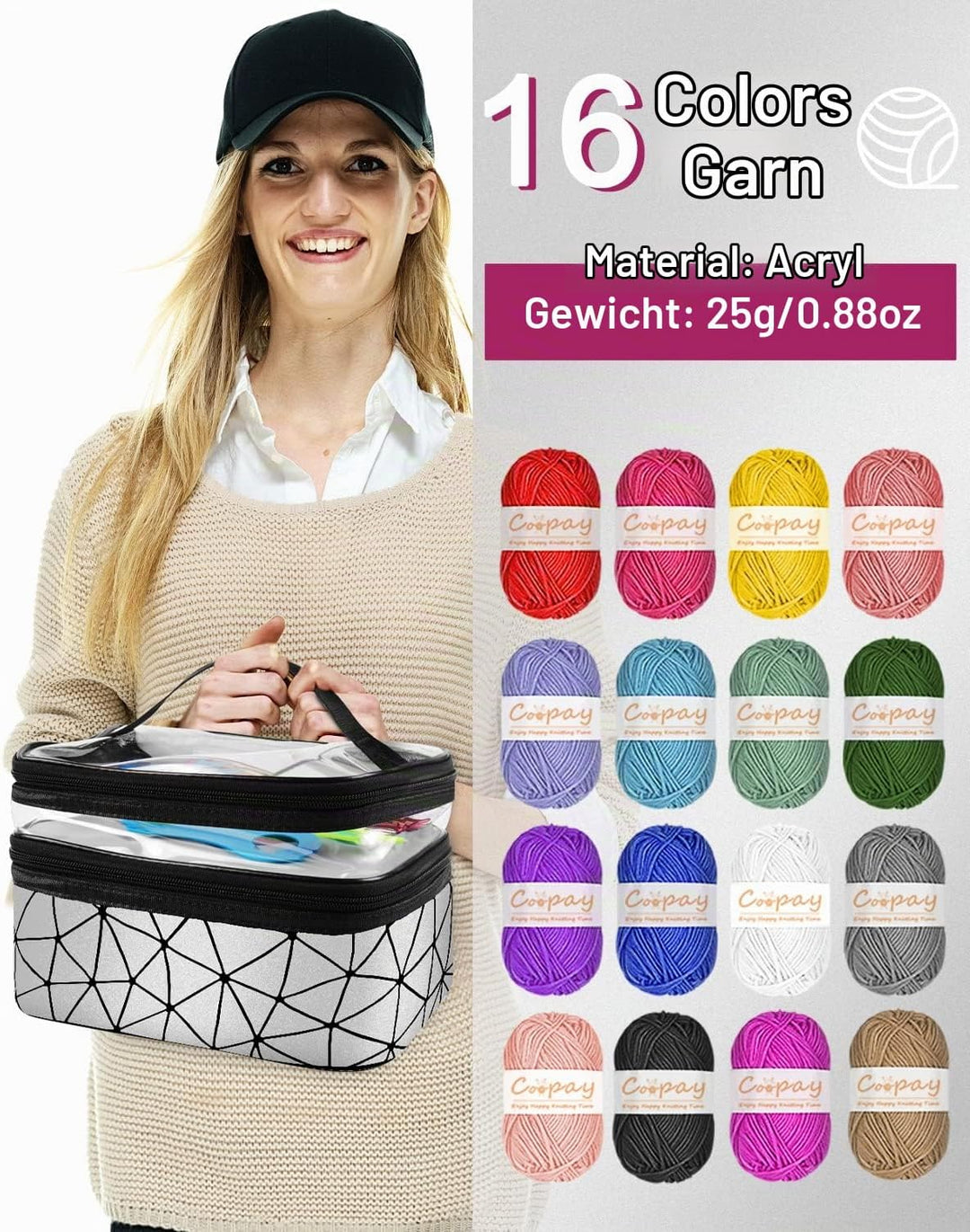 Coopay Häkelset für Anfänger, 71 Stück Häkelnadel Set mit Tasche und Wolle, Prämie Häkel Set mit Str