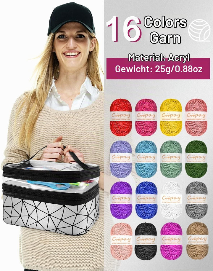 Coopay Häkelset für Anfänger, 71 Stück Häkelnadel Set mit Tasche und Wolle, Prämie Häkel Set mit Str