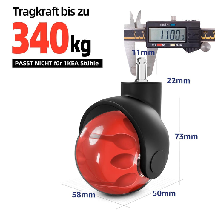 Sytopia Bürostuhl Rollen 5er Set in Rot, Rollen für Bürostühle 11 x 22 mm für Teppichböden, Hartbode