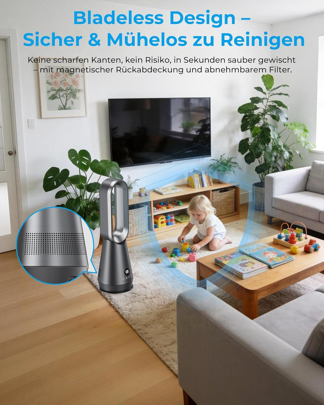 Turmventilator Leise - 22 Zoll Bladeless Turmventilator, 8 Stufen, 2 Modi, 80° Oszillation, LED Disp