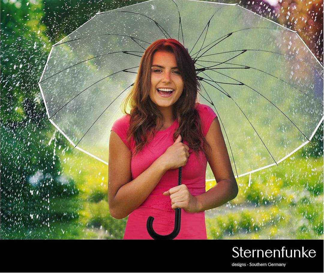 Sternenfunke Regenschirm transparent gross XXL Ø110 cm 16-Rippen Komfort-Druckknopf | Durchsichtiger