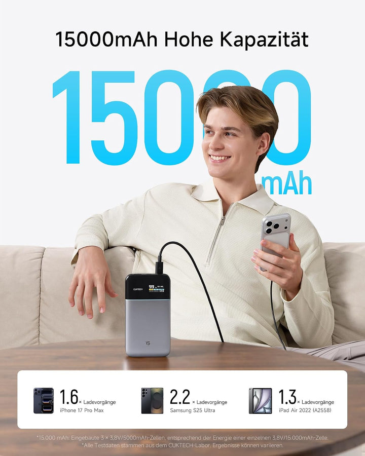 CUKTECH 15 Air 15000mAh Power Bank, Gesamt 100W Powerbank mit digitalem Display und Schnellladefunkt