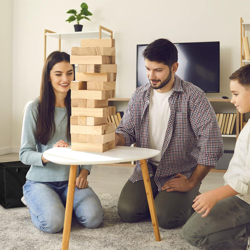 Relaxdays Wackelturm XXL, Holzturm Spiel Garten, mit Tasche, 54 Steine, Riesenwackelturm HBT: 90 x 2