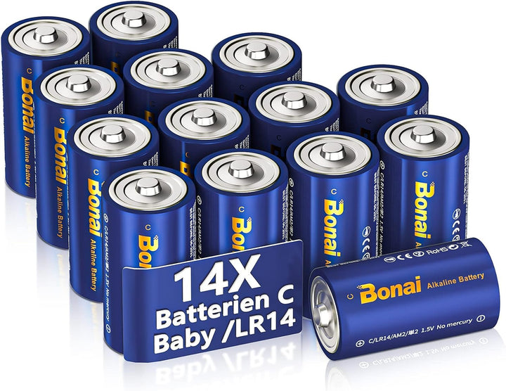 BONAI Longlife C Baby Batterien Alkaline 1,5V (14er-Pack) 7000mAh Hohe Kapazität Babyzellen Typ C-Al