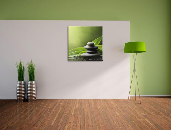 Zen Steine mit Blättern, Format: 70x70 auf Leinwand, XXL riesige Bilder fertig gerahmt mit Keilrahme