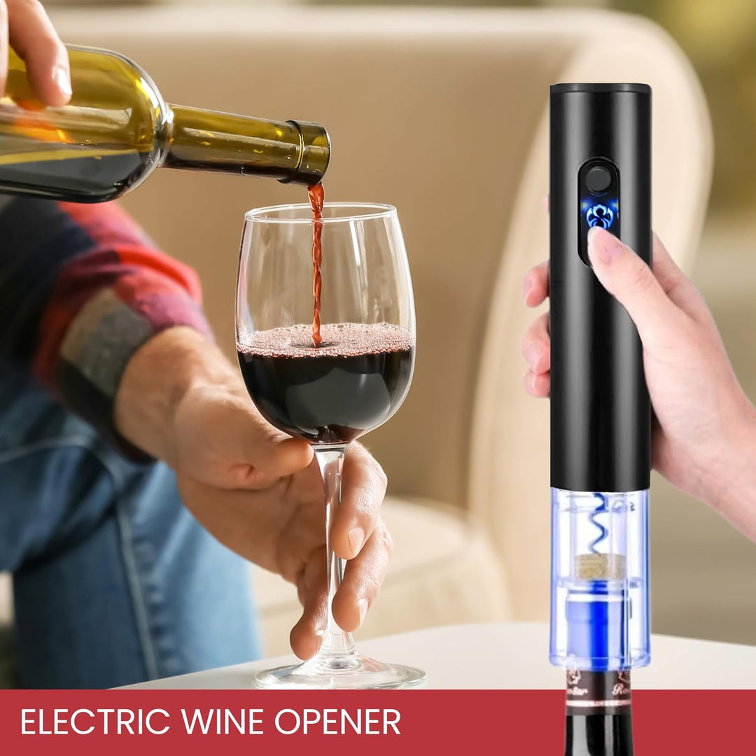 Elektrischer Korkenzieher Wein. Weinöffner mit Folienschneider, Weinausgiesser, Vakuumstopfen. Autom