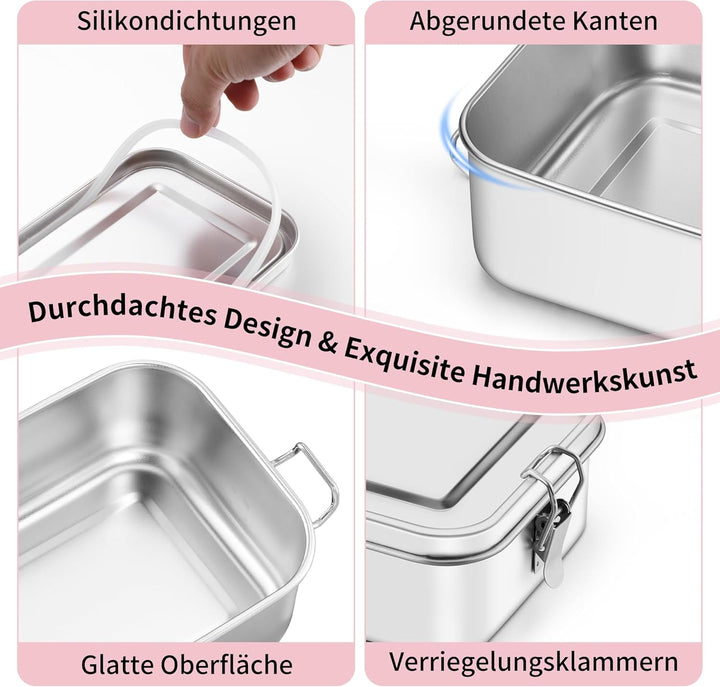 Onader Edelstahl Brotdose mit Fächern, 1400ml Bento Box Lunchbox mit Abnehmbar Trennwand, Metall Lun