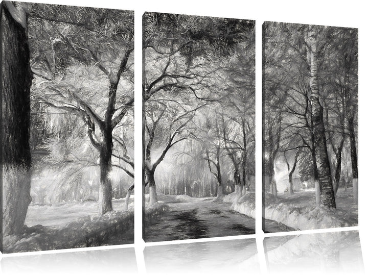 Pixxprint Baumallee im Winter Kohle Zeichnung Effekt 3-Teiler Leinwandbild 120x80 Bild auf Leinwand