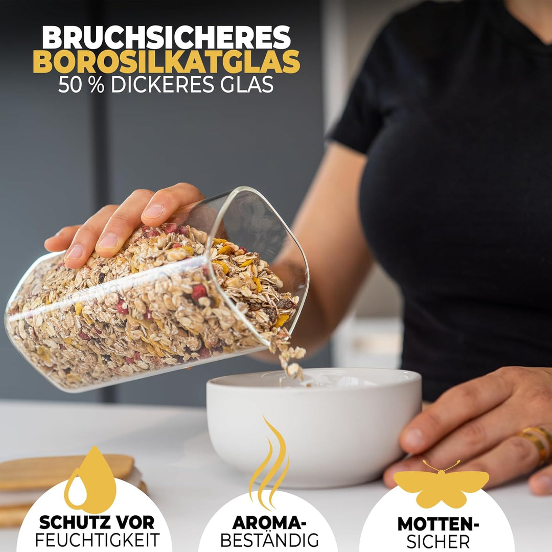 CLIDOR ® Vorratsgläser mit Deckel, Eckig - 6er Set - Extra dickes Glas - Vorratsdosen mit Deckel luf