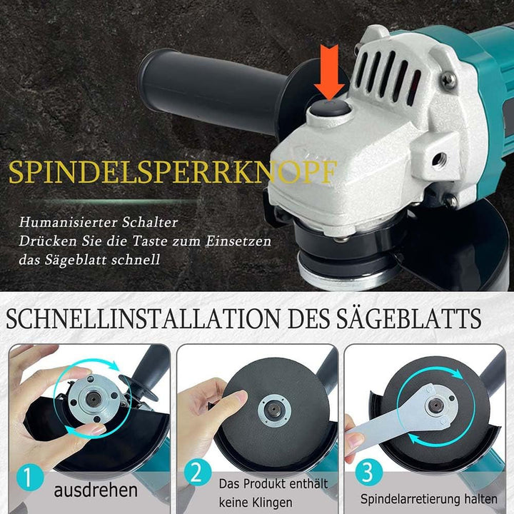 Akku-Winkelschleifer 125 mm, Ersatz für Makita 18V BL1830, Anti-Vibrations-Griff, Brushless, 11000U/
