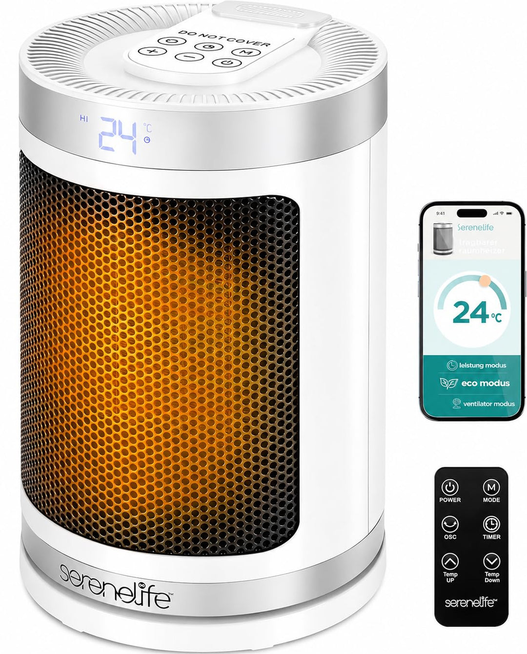 SereneLife Smart Heizlüfter 1500W PTC Keramik, Leise &amp; Energiesparend, WiFi Thermostat, Fernbedienun