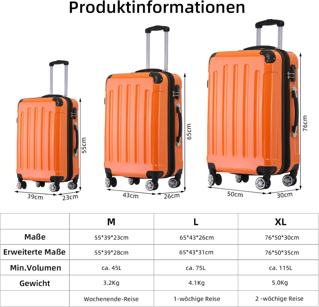 BEIBYE Hartschalen Koffer Trolley Rollkoffer Reisekoffer 4 Zwillingsrollen Polycabonat (Orangen, Han