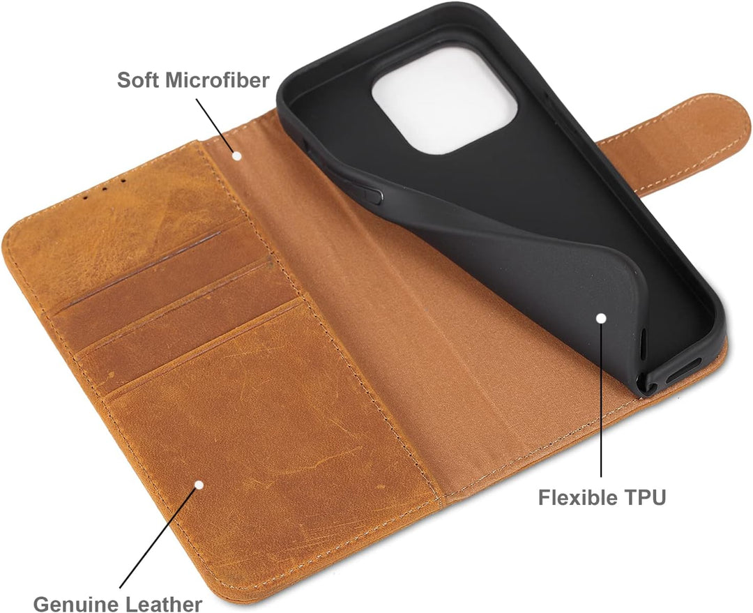 LENSUN Echtleder Hülle für iPhone 14 Pro, Handyhülle [Echtes Leder][Magnetverschluss][RFID Schutz] H