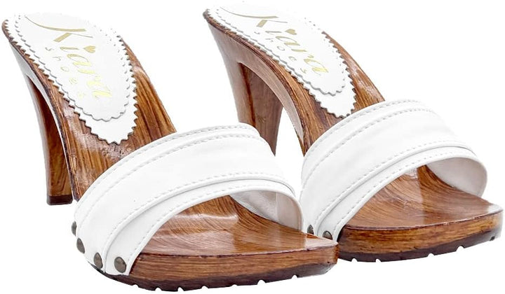 Holzeffeckt Clogs mit doppeltem Weiss Band hoher Absatz 9 cm - K6101 Bianco (41 EU, Weiss) 41 EU Wei
