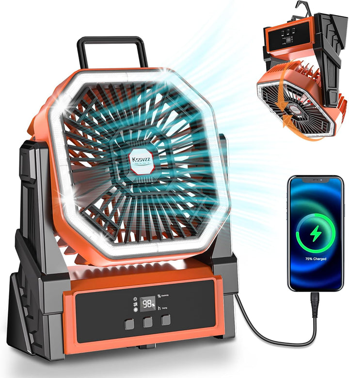 Kssvzz 30000mAh Camping Ventilator, 4 Geschwindigkeiten USB Ventilator Aufladbar mit LED, 270° Drehu