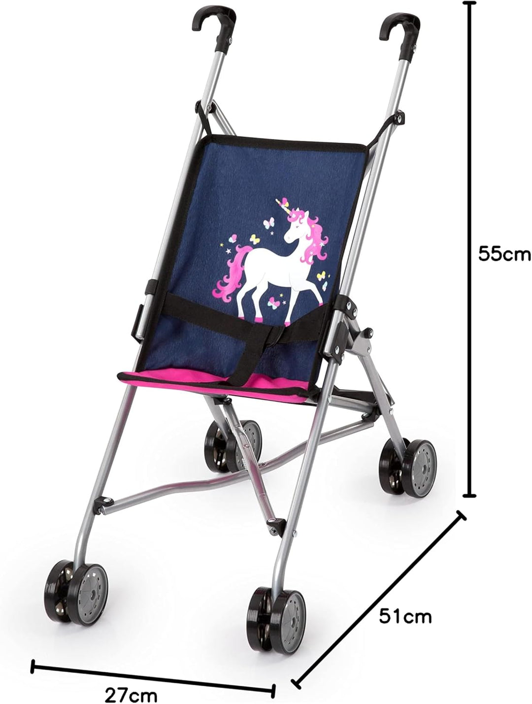 Bayer Design 30154AA Puppenbuggy, Puppenwagen, Doppelräder, Gurt, leicht faltbar, aus Metall, Blau,