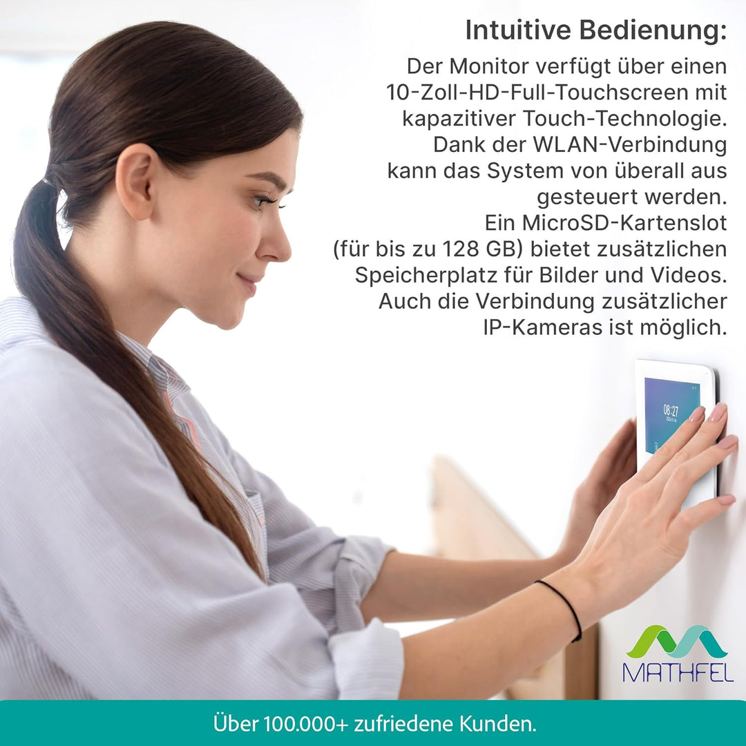 MATHFEL 2 Familienhaus 2 Draht Bus WLAN Video-Türsprechanlage, 10 Zoll Monitor mit Full HD 2 Megapix