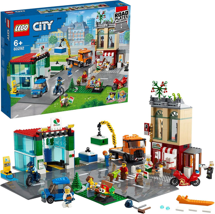 LEGO 60292 City Stadtzentrum Bauset mit Spielzeug-Motorbike, Fahrrad, Truck, Strassenplatten und 8 M