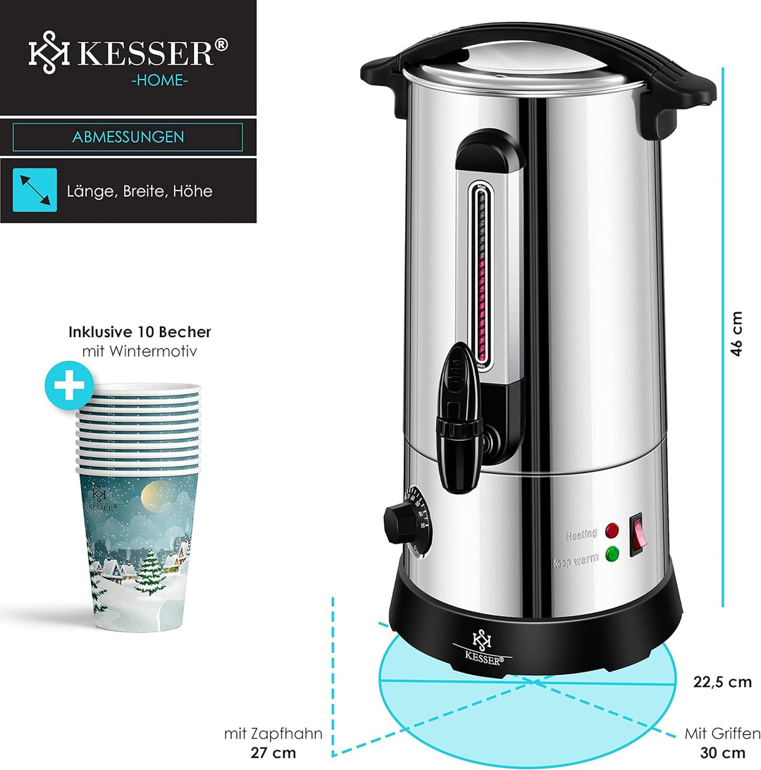 KESSER® Glühweinkessel 10L Edelstahl Inkl. 10x Becher Glühweinkocher mit Thermostat Glühweinautomat