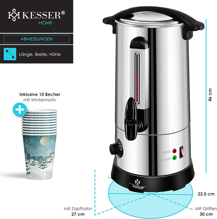 KESSER® Glühweinkessel 10L Edelstahl Inkl. 10x Becher Glühweinkocher mit Thermostat Glühweinautomat