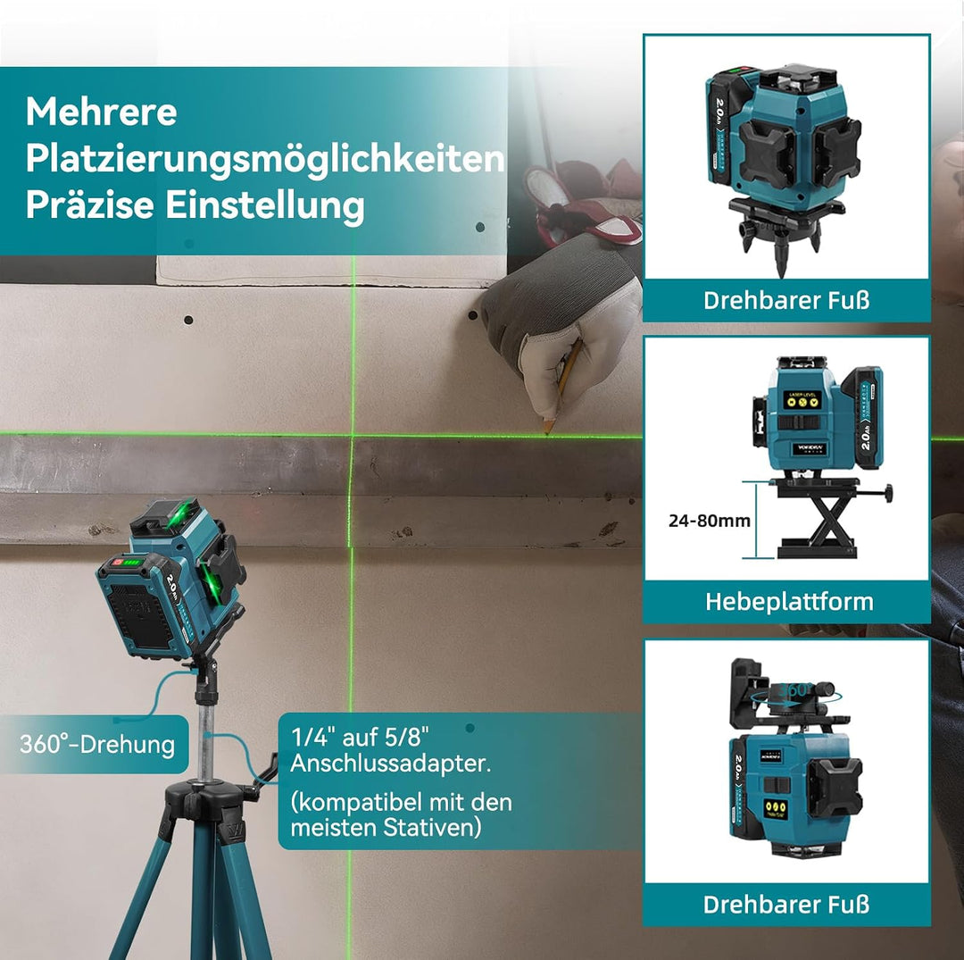 Yofidra Kreuzlinienlaser mit Stativ - 4 x 360°16 Linien Grün Laser Wasserwaage, Selbstnivellierender