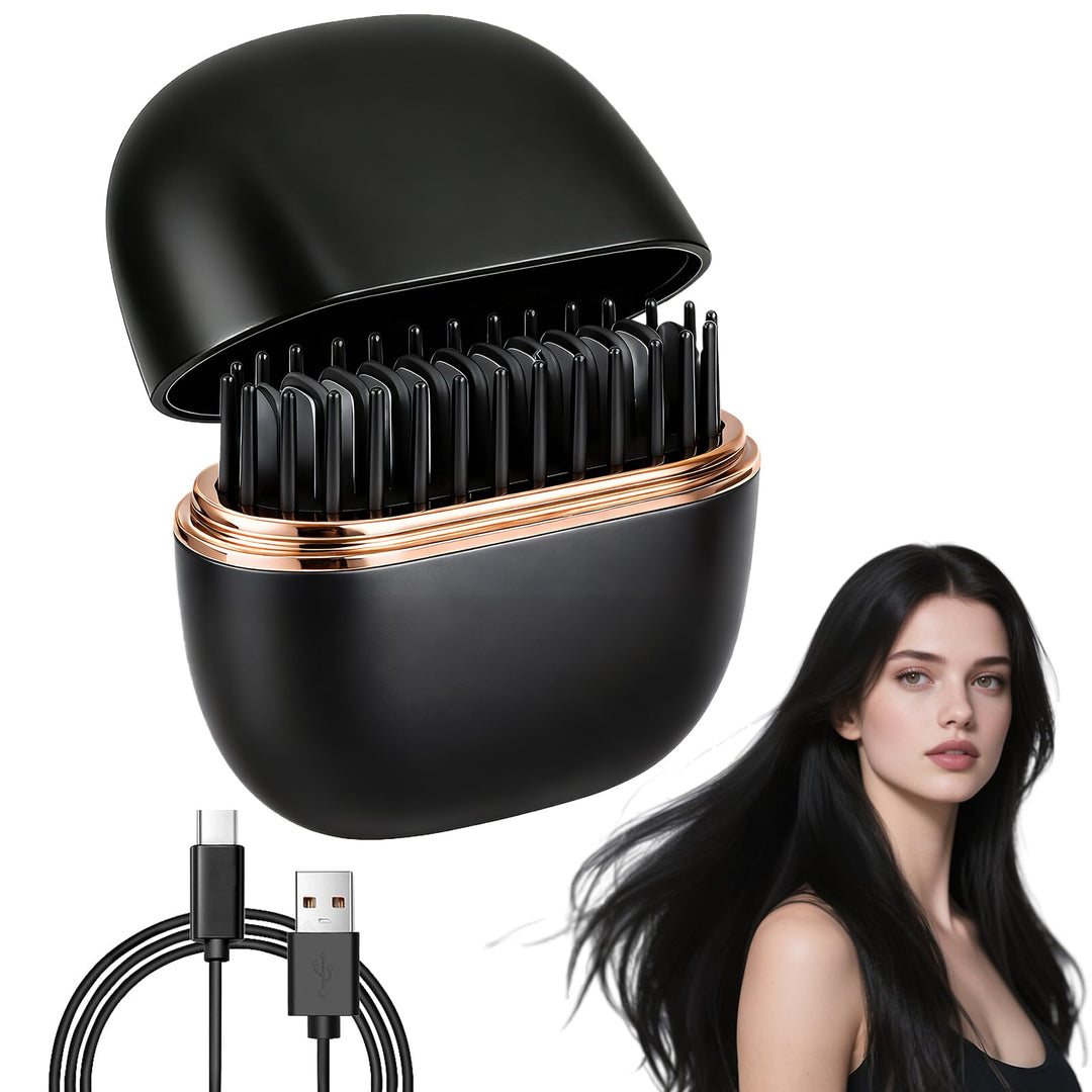 Mini Glätteisen Kabellos und Glättbürste mit 3 Temperaturstufen, Tragbare 2-in-1 Straightener Haargl