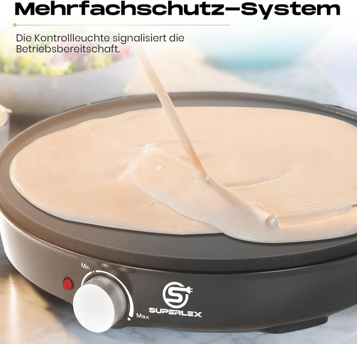 Crepes Maker 1000W Antihaftplatte inkl Teigverteiler Wender stufenlos regelbarer Thermostat Crepe Pf