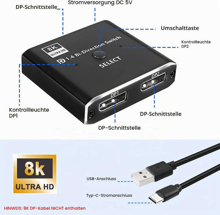 XMSJSIY DisplayPort Switch 8K Bidirektionaler DP 1.4 Switcher 1.4 in 2-Ausgang Ausgang 2 in 1-Ausgan