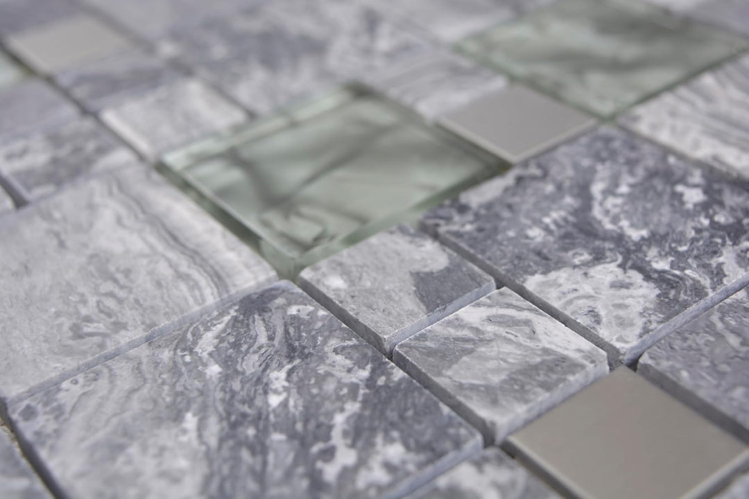Glasmosaik Kombination Crystal/Stein/Stahl mix grau Transluzent Transparent 3D, Mosaikstein Format: