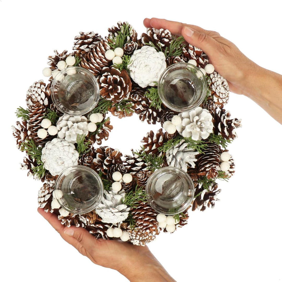 COM-FOUR® Tischkranz für Weihnachten - weisser Adventskranz mit Zapfen - Dekokranz mit 4 Teelichthal