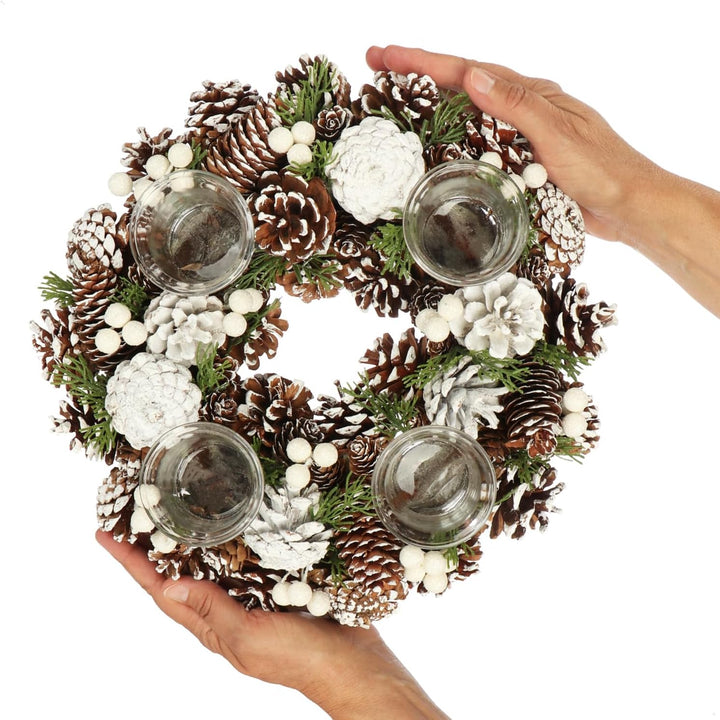 COM-FOUR® Tischkranz für Weihnachten - weisser Adventskranz mit Zapfen - Dekokranz mit 4 Teelichthal