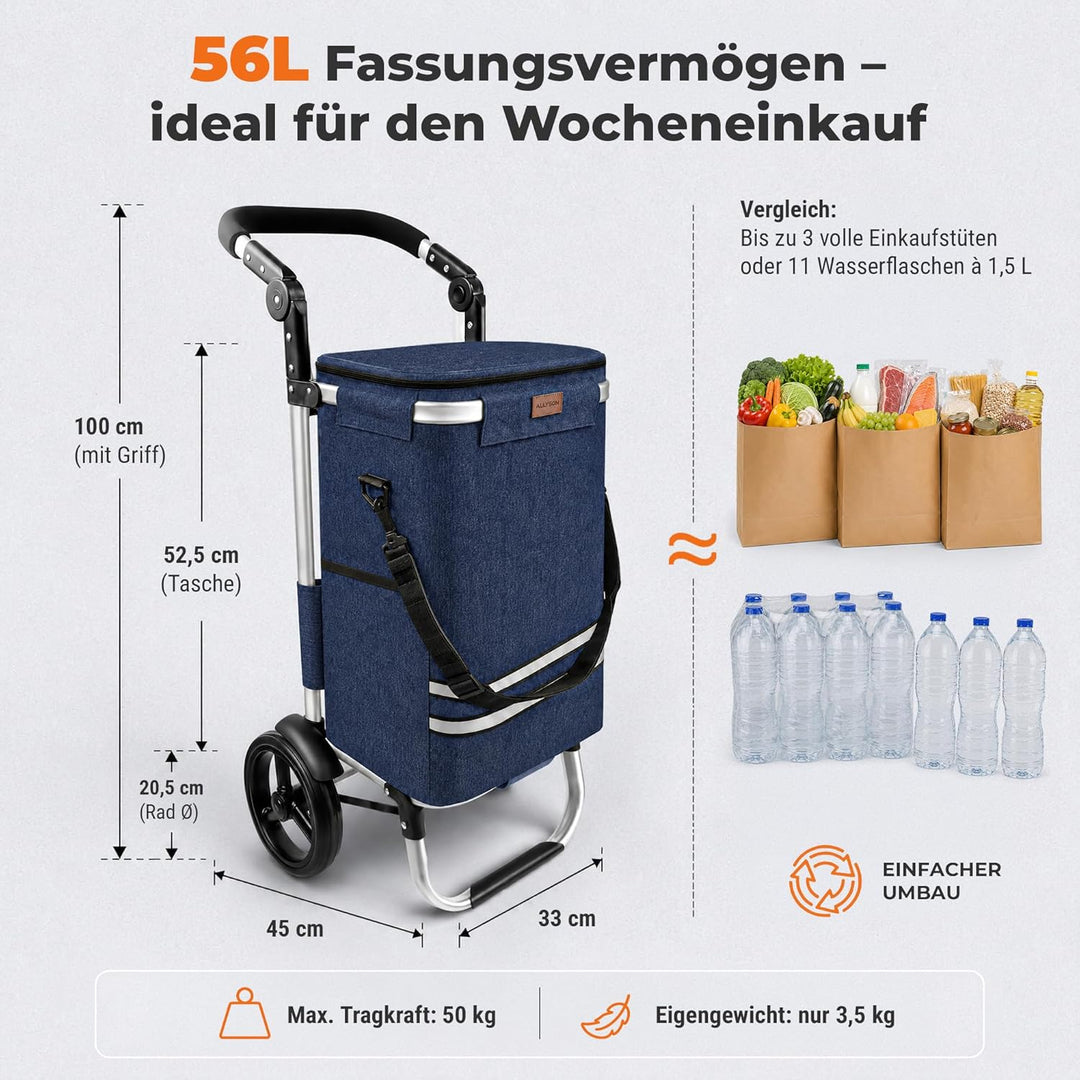 Allyson Einkaufstrolley klappbar mit 56L Kapazität ，3in1 Trolley Sackkarre & Umhängetasche，Einkaufst