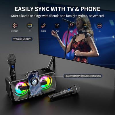 Karaoke Machine for Adults and Kids with 2 UHF Wireless Microphones, Portable Bluetooth Singing Spea