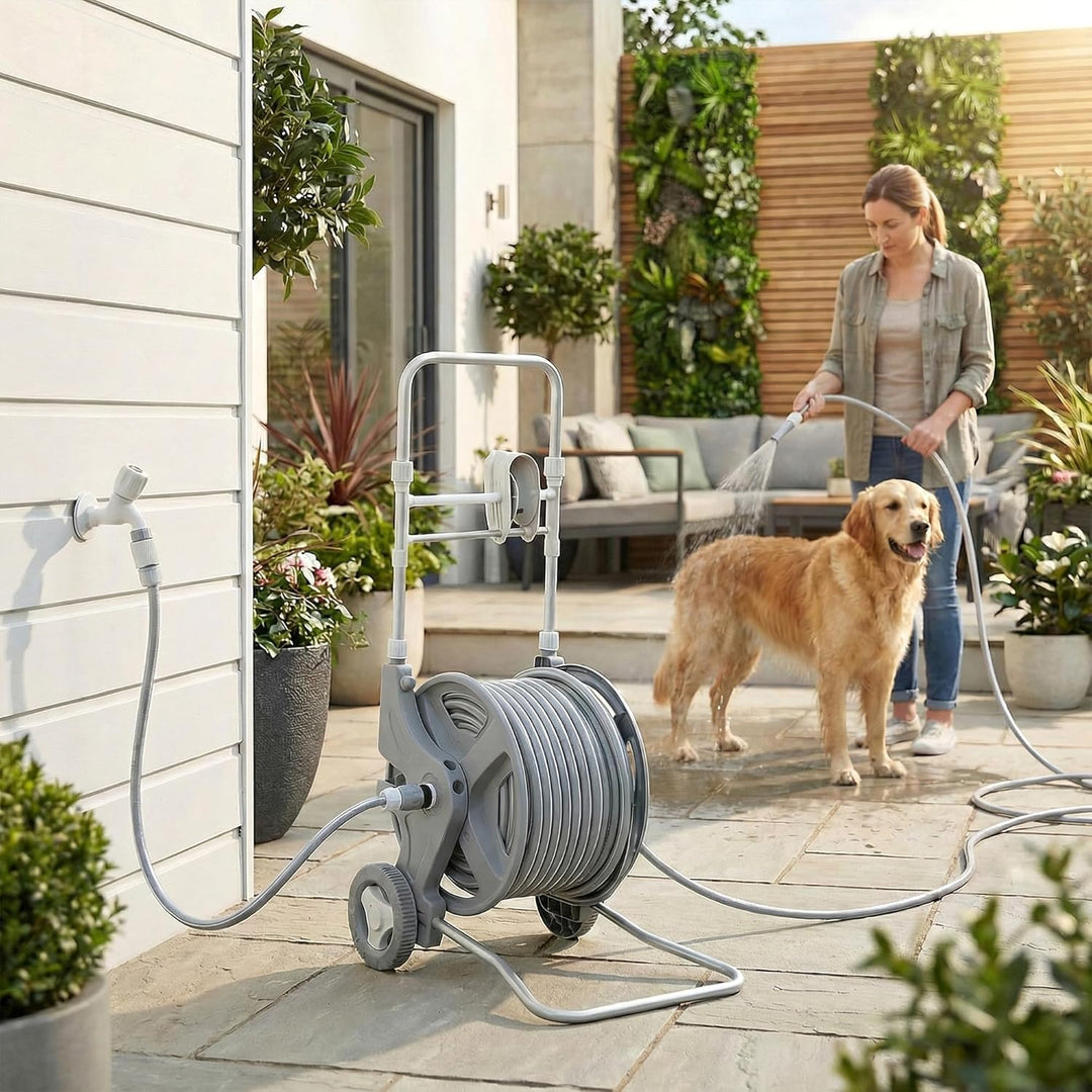 Outsunny Schlauchwagen 45 m Schlauchtrommel mit 2 Sprühfunktionen, Kurbel Schlauchführung Wasserhahn