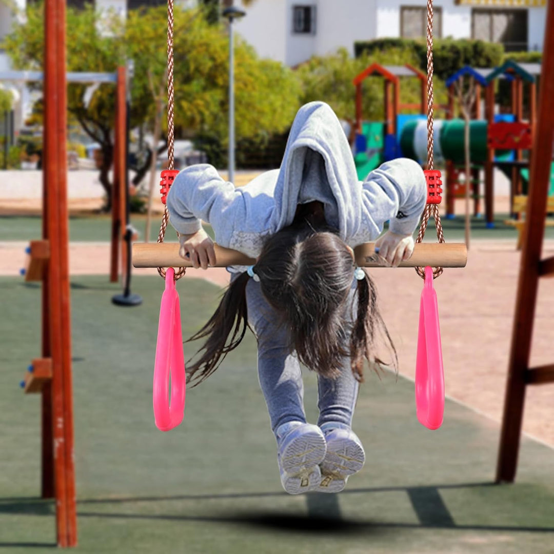 PELLOR Multifunktions Kinderholz Trapeze Schaukel mit Kunststoff Turnringe zum Aufhängen belastbar b