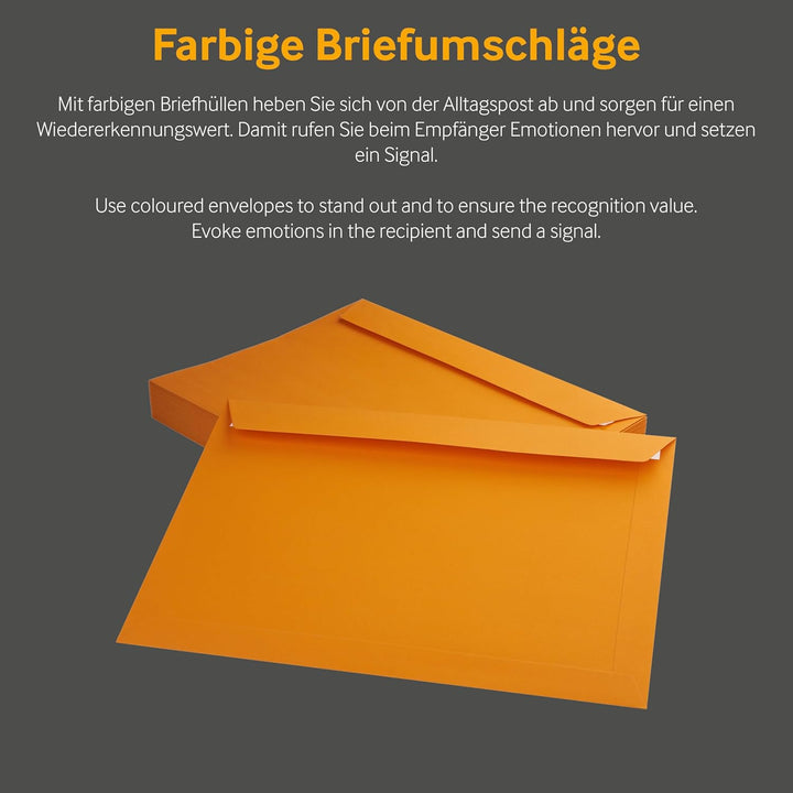 50 Stück, Farbige Briefumschläge, DIN C4, Haftklebung mit Abziehstreifen, Gerade Klappe, 130 g/qm Co