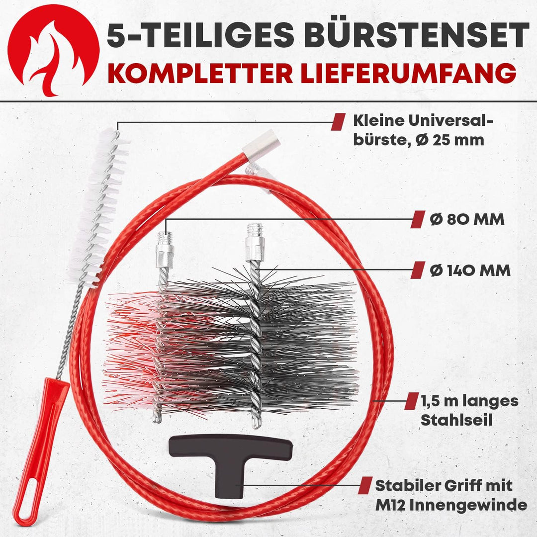 Kaminofen und Pelletofen Reinigungsset, mit flexibler Schubstange, 80 und 150 mm