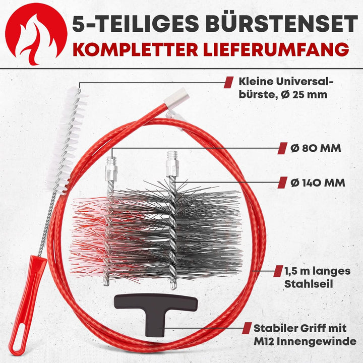 Kaminofen und Pelletofen Reinigungsset, mit flexibler Schubstange, 80 und 150 mm