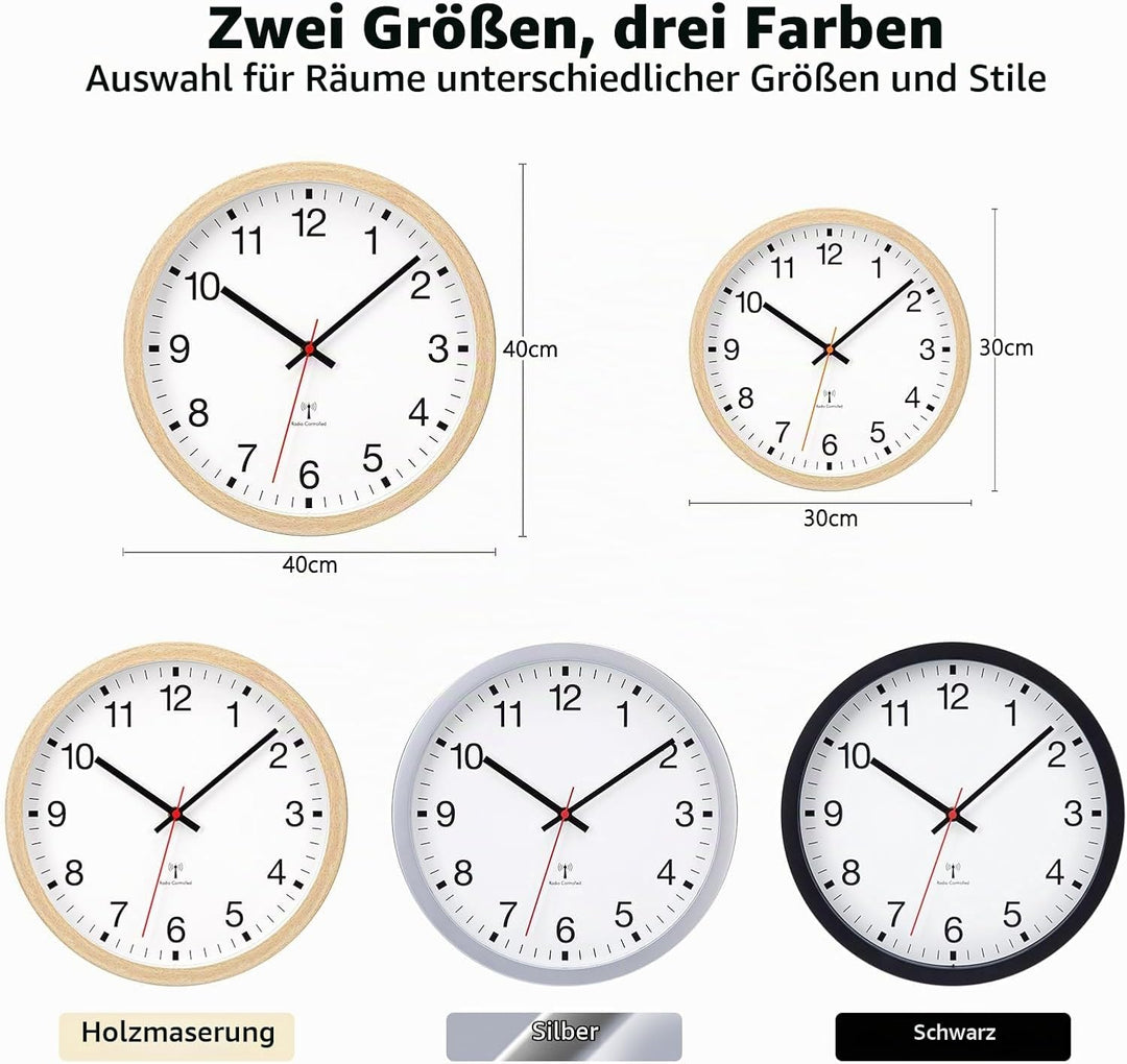 VIVILINEN Gross Wanduhr Funk Mit Holzoptik 40cm Funkuhr Wand Lautlos XXL | Wanduhr Ohne Tickgeräusch