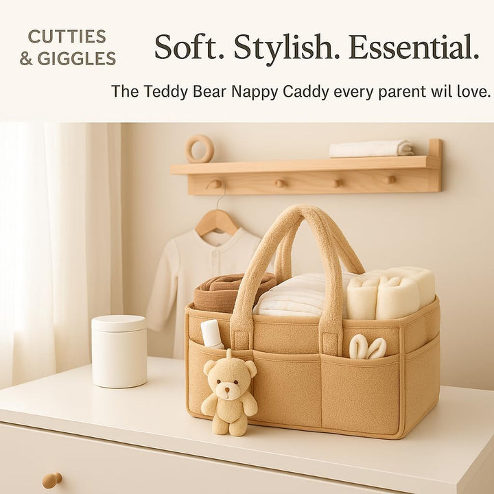 Cutties and Giggles Baby-Windel-Organizer mit Teddy, grosser Windel-Aufbewahrungskorb mit Griffen un